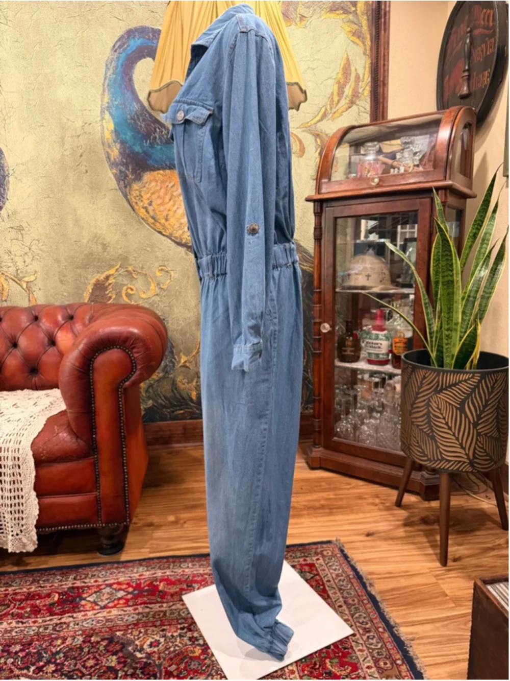 Ashley Stewart Denim Jumpsuit 14 Romper Overall Long Sleeve Elastic Waist Blue